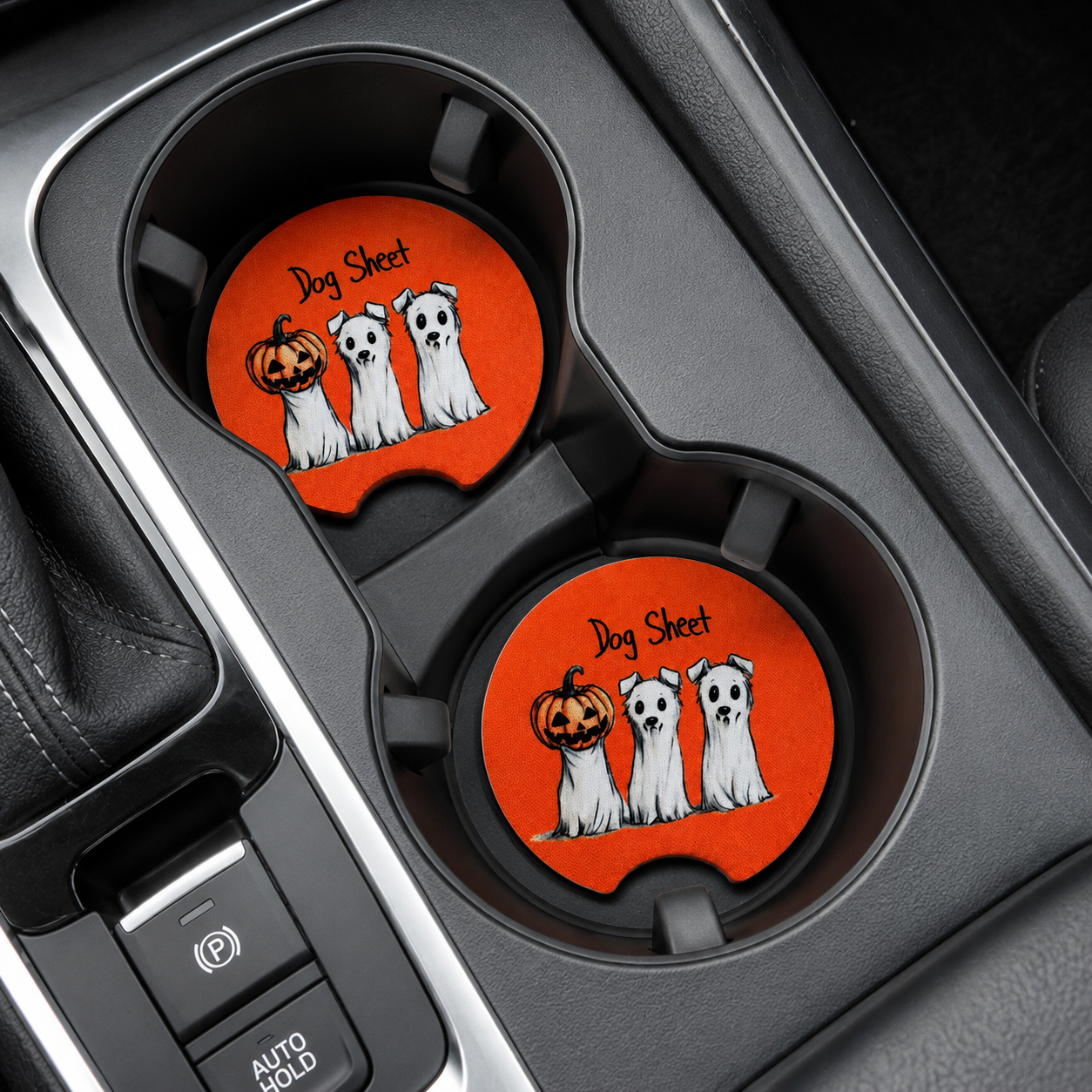 Cute Halloween Car Coasters Neoprene Cup Holder Inserts | Dog Sheet Halloween Theme Car Accessory Halloween Dog (Set of 2)
