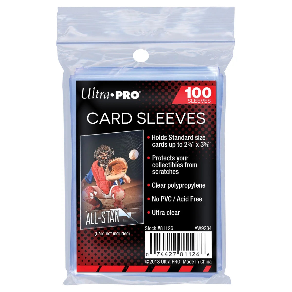 Pack of Ultra Pro card sleeves with product details on a white background
