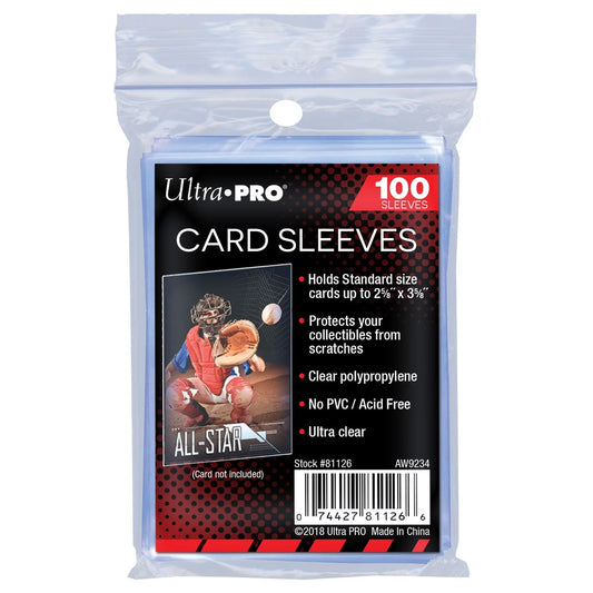 Pack of Ultra Pro card sleeves with product details on a white background