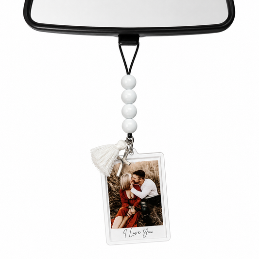 Personalized Polaroid Car Rearview Picture Hanger with text (Small Beads)