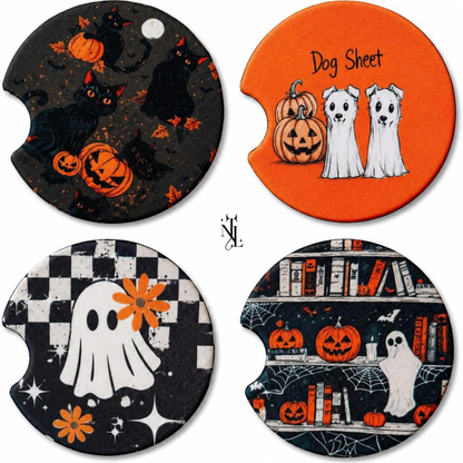 Cute Halloween Car Coasters Neoprene Cup Holder Inserts | Dog Sheet Halloween Theme Car Accessory Halloween Dog (Set of 2)