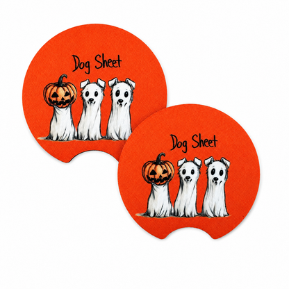 Cute Halloween Car Coasters Neoprene Cup Holder Inserts | Dog Sheet Halloween Theme Car Accessory Halloween Dog (Set of 2)