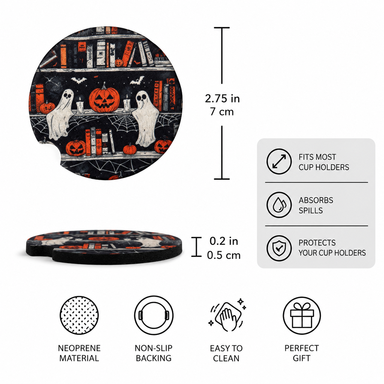 Cute Halloween Car Coasters Neoprene Cup Holder Inserts | Dog Sheet Halloween Theme Car Accessory Halloween Dog (Set of 2)
