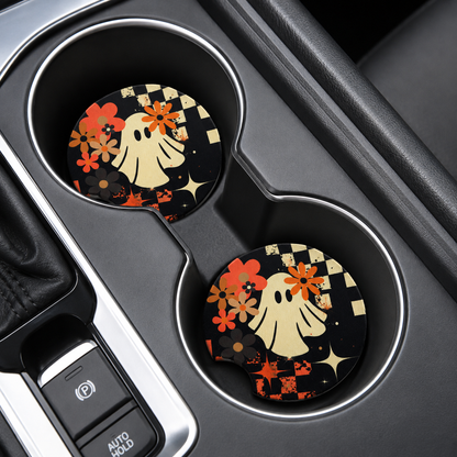 Cute Halloween Car Coasters Neoprene Cup Holder Inserts | Dog Sheet Halloween Theme Car Accessory Halloween Dog (Set of 2)