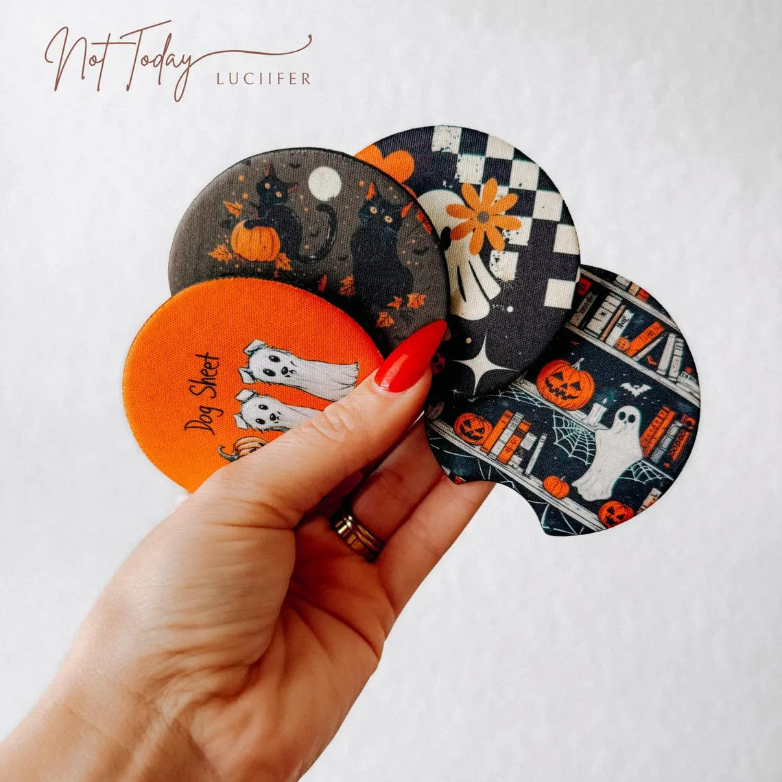 Cute Halloween Car Coasters Neoprene Cup Holder Inserts | Dog Sheet Halloween Theme Car Accessory Halloween Dog (Set of 2)