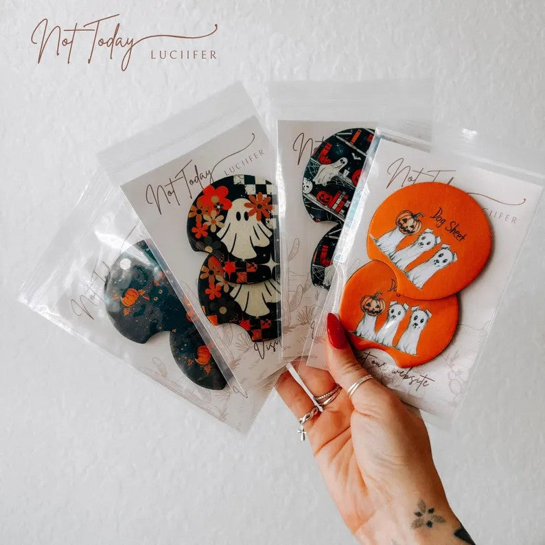 Cute Halloween Car Coasters Neoprene Cup Holder Inserts | Dog Sheet Halloween Theme Car Accessory Halloween Dog (Set of 2)